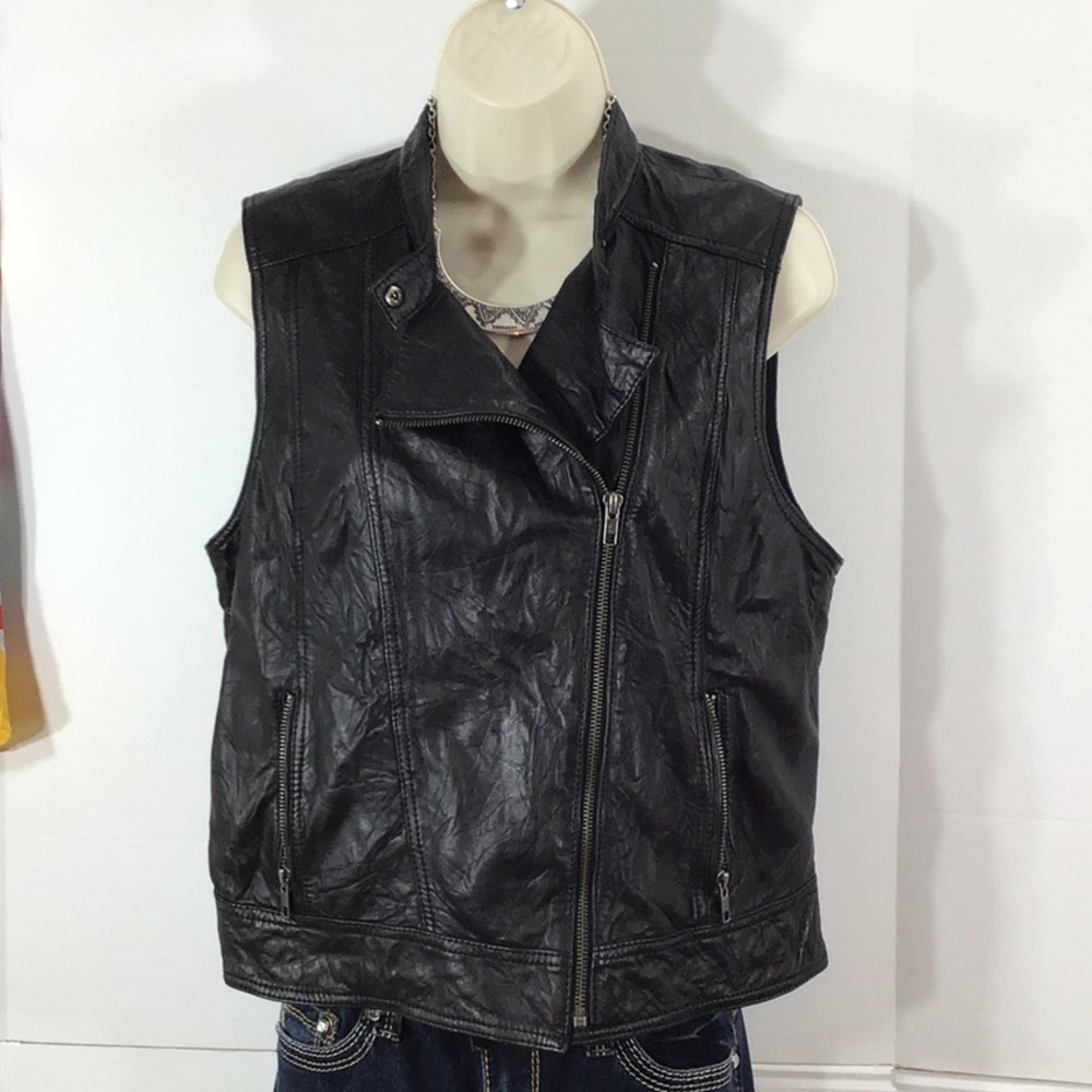 Halogen black leather zip moto vest M